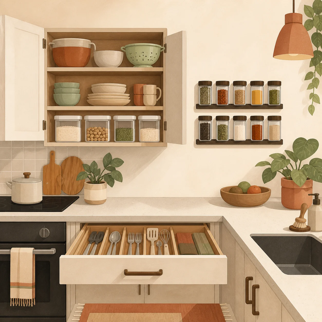 Illustration of an organized small kitchen with pantry storage