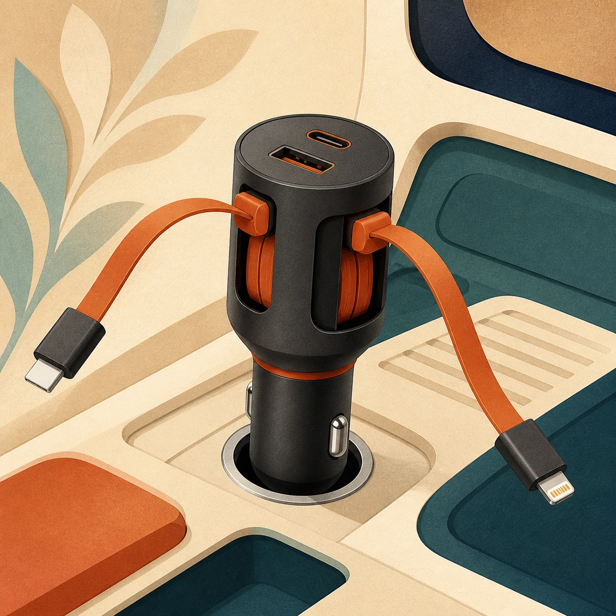 Illustration of a retractable 4-in-1 car charger with orange built-in cables