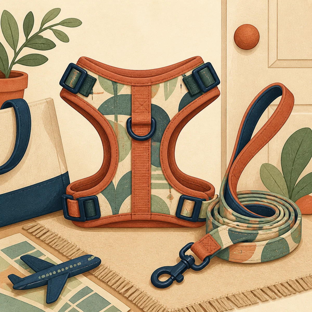 Editorial illustration of a matching patterned dog harness and leash travel set