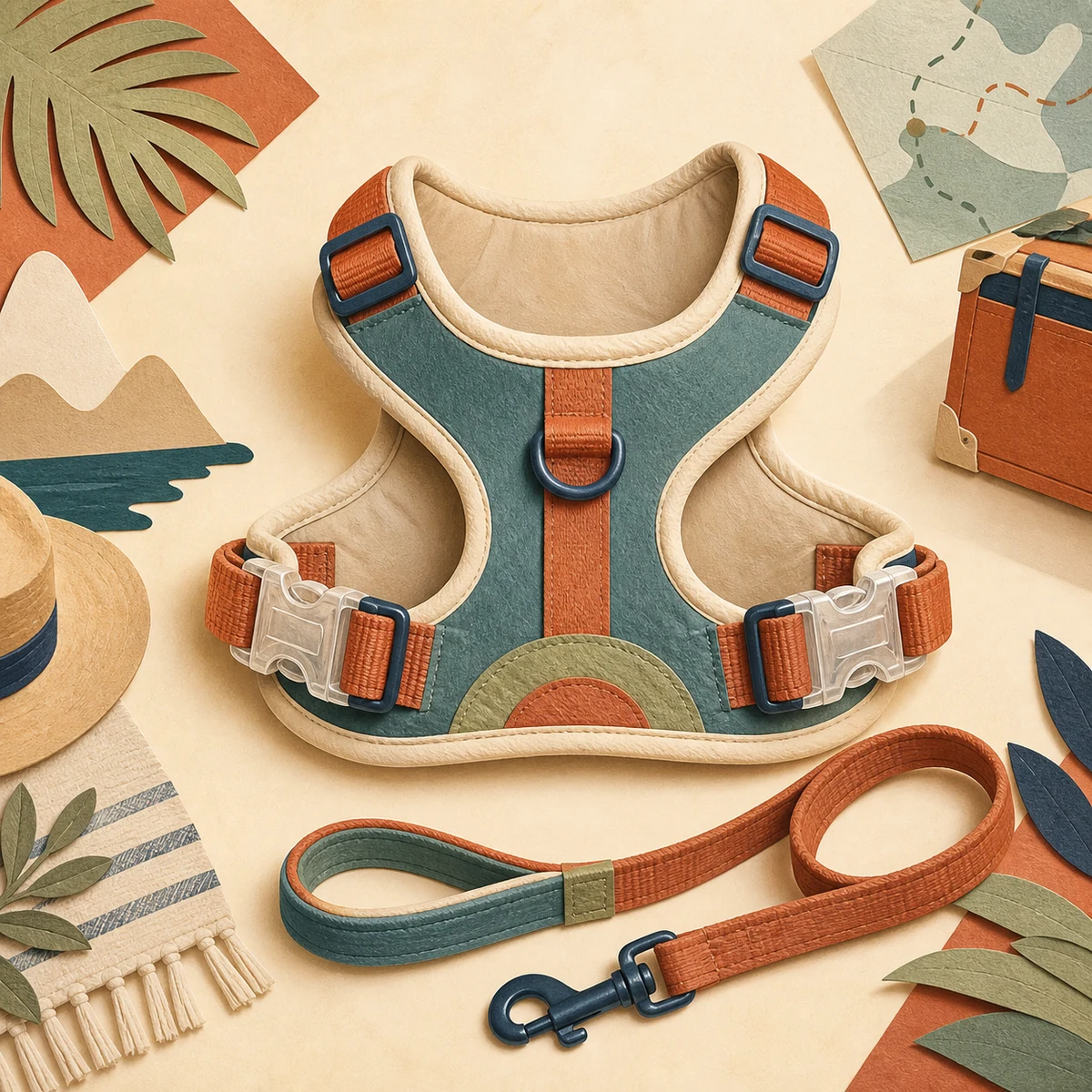 Editorial illustration of a step-in travel harness with two side clips and a coordinating leash