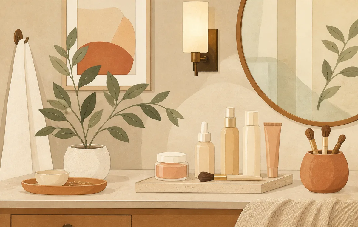 Illustration of a calm bathroom vanity set up for a simple makeup routine