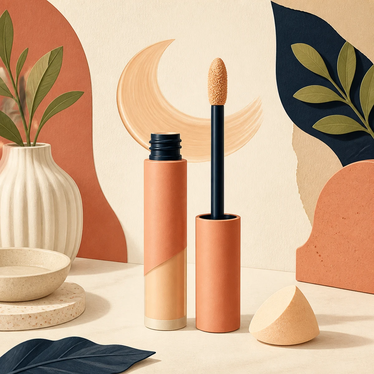 Illustration of a concealer tube with its sponge-tip applicator raised above a soft crescent swatch