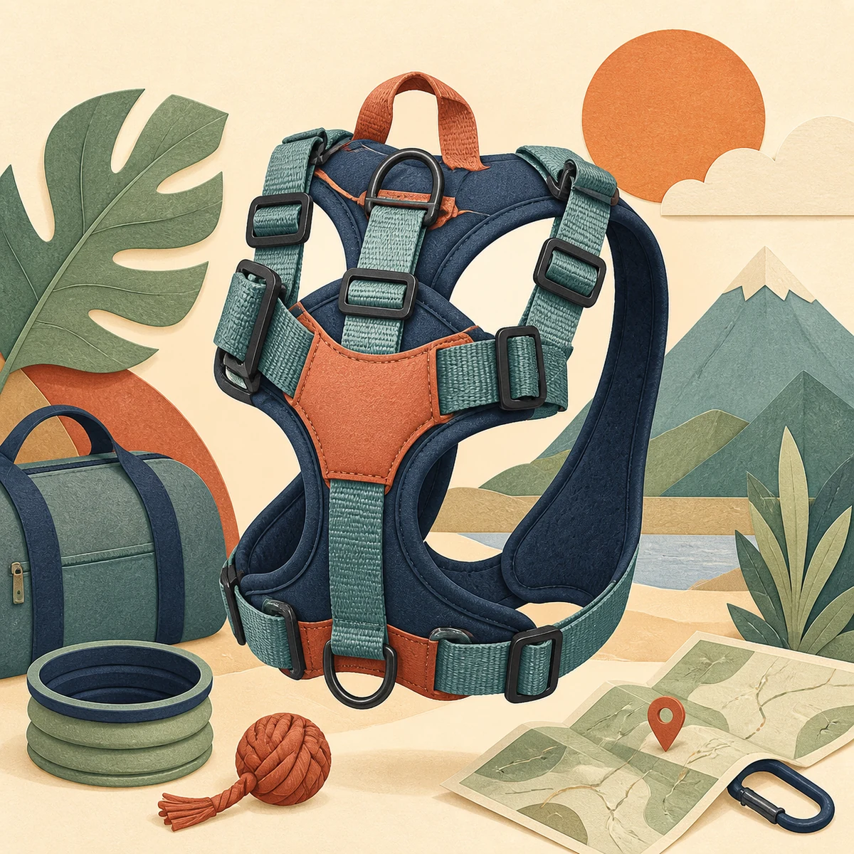 Editorial illustration of a sturdy tactical travel harness with multiple adjustment straps