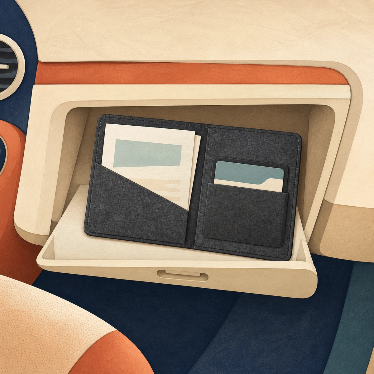 Illustration of a slim registration and insurance document wallet in an open glovebox