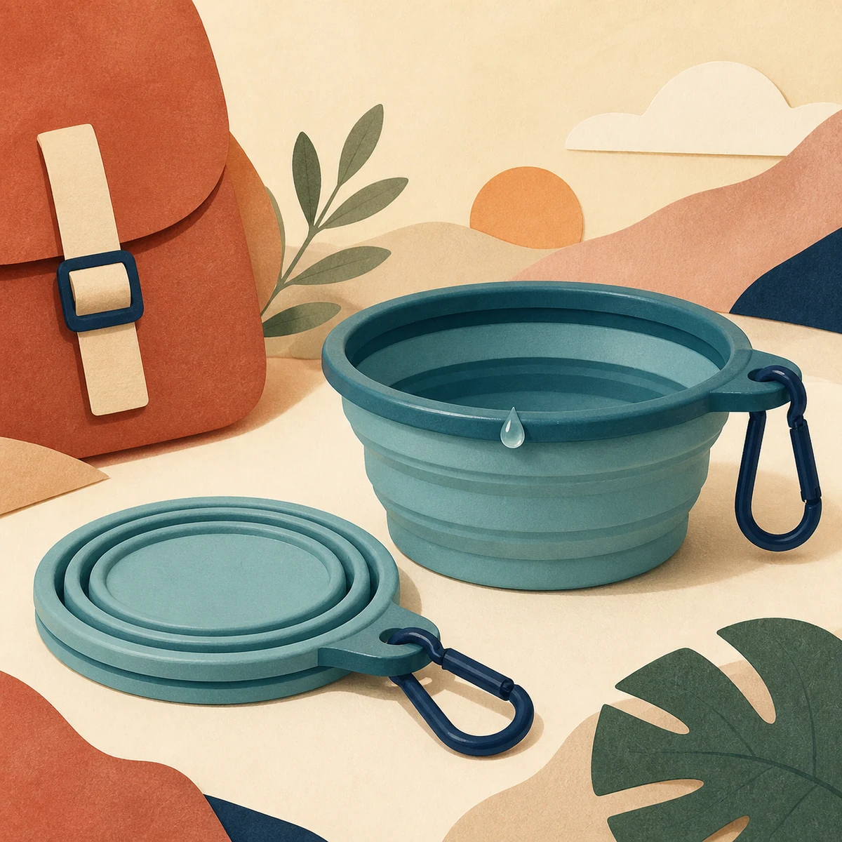 Editorial illustration of one open and one folded collapsible travel bowl with carabiners