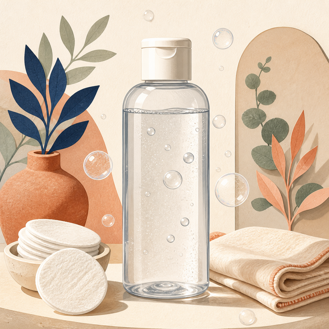 Editorial illustration of a clear micellar cleansing water bottle with cotton pads and a folded cloth