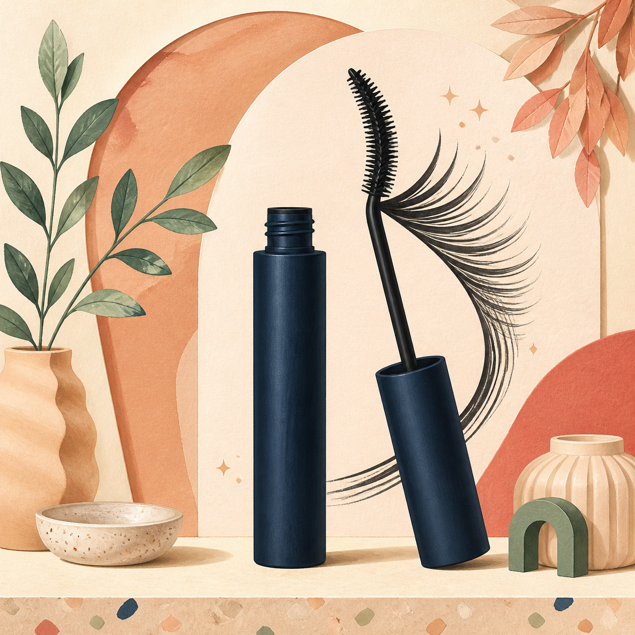 Editorial illustration of an open navy mascara with a curved lifting brush and sweeping lashes
