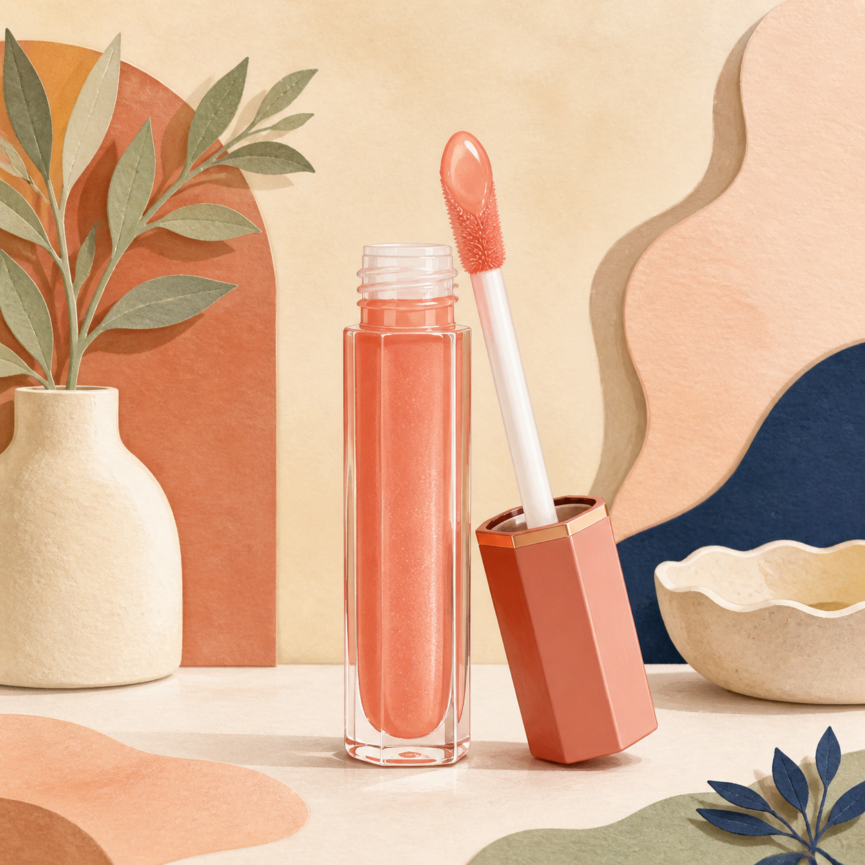 Editorial illustration of an open coral lip gloss with a doe-foot applicator