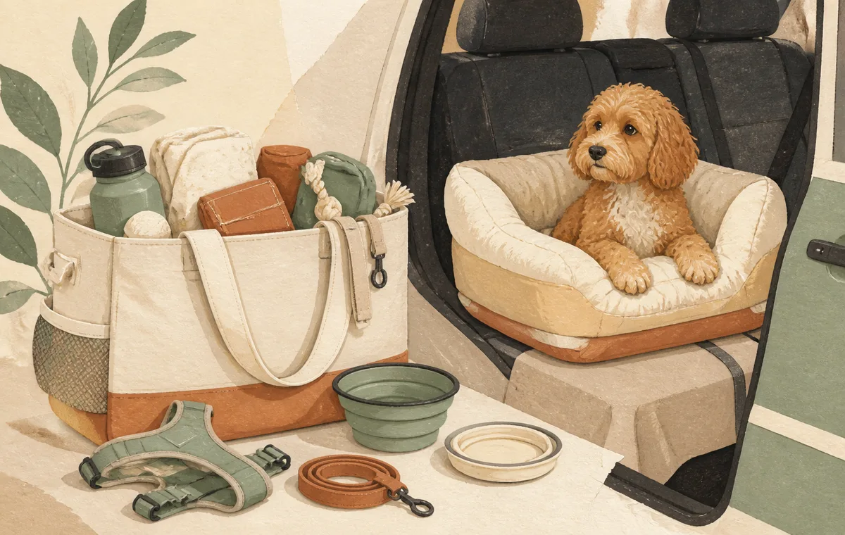 Illustration of a packed dog travel tote beside a car seat with a dog bed