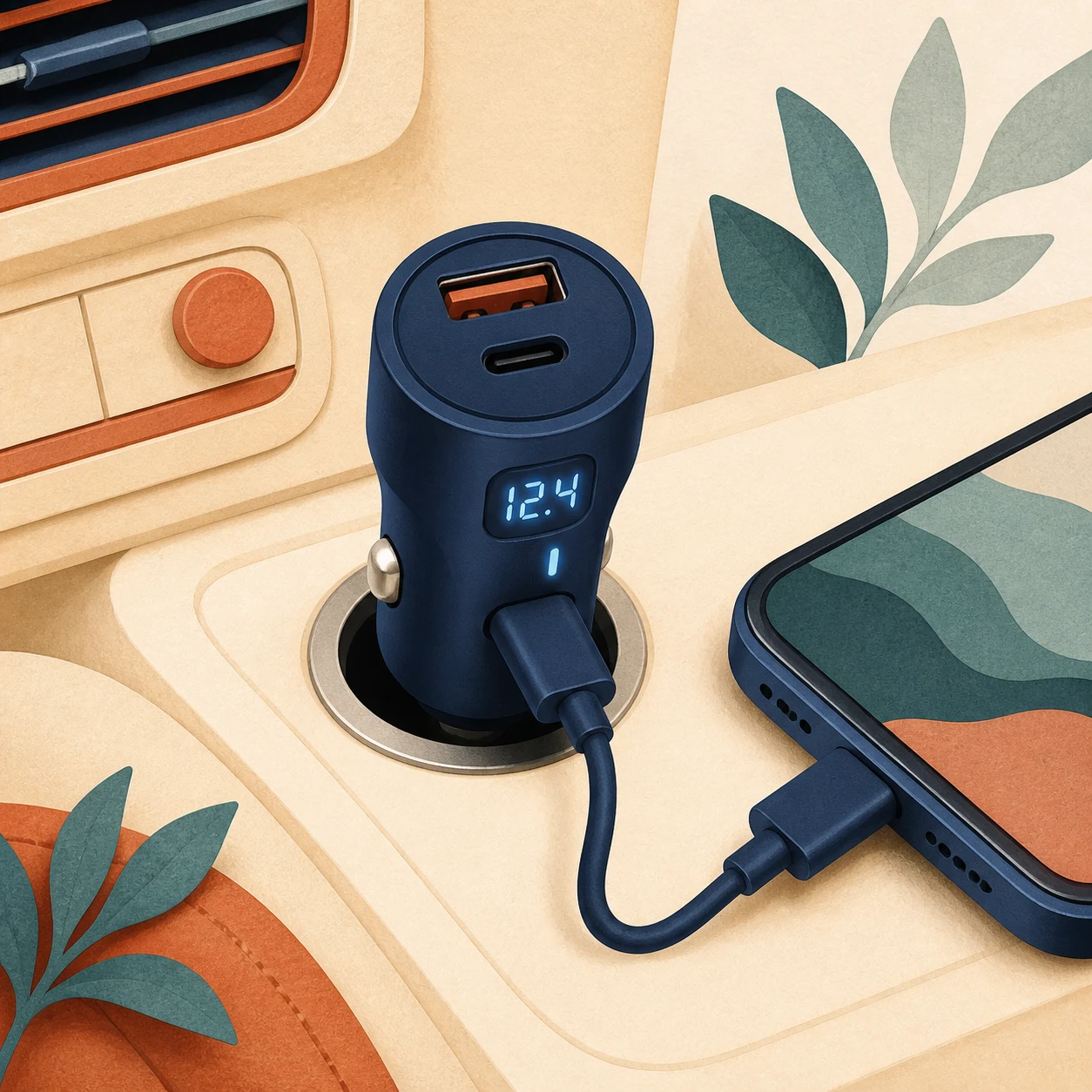 Illustration of a fast-charging car adapter plugged into a car socket, charging a phone
