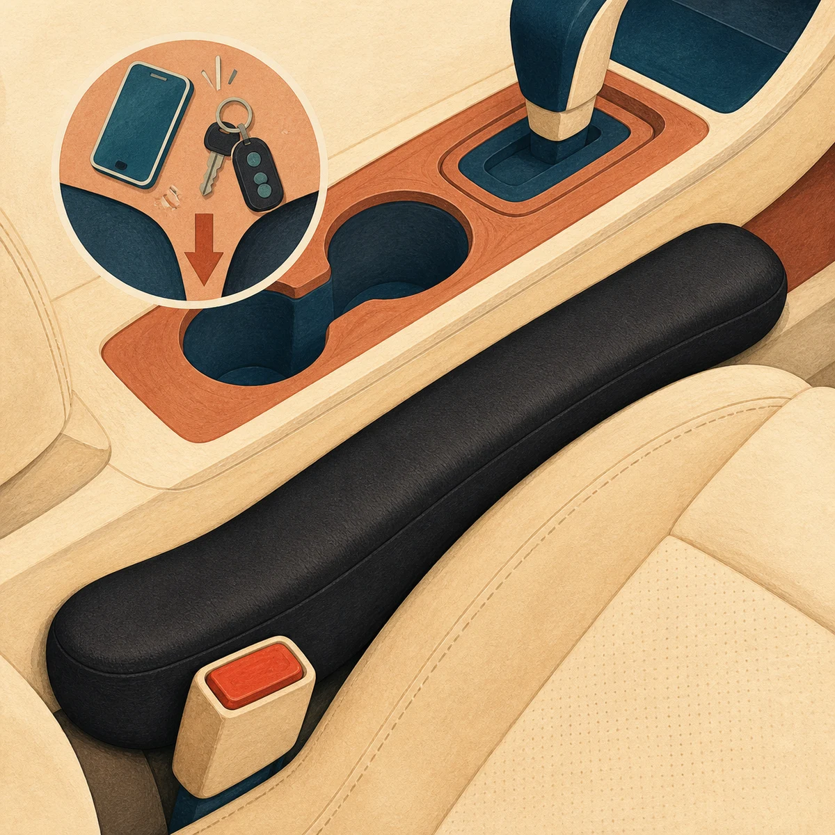 Illustration of a padded car seat gap filler blocking the space beside the console